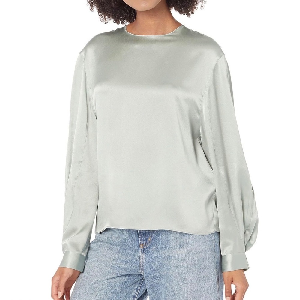 NWT Vince Silk Pleated Cuff Blouse Mint Glass Crew Neck XXS